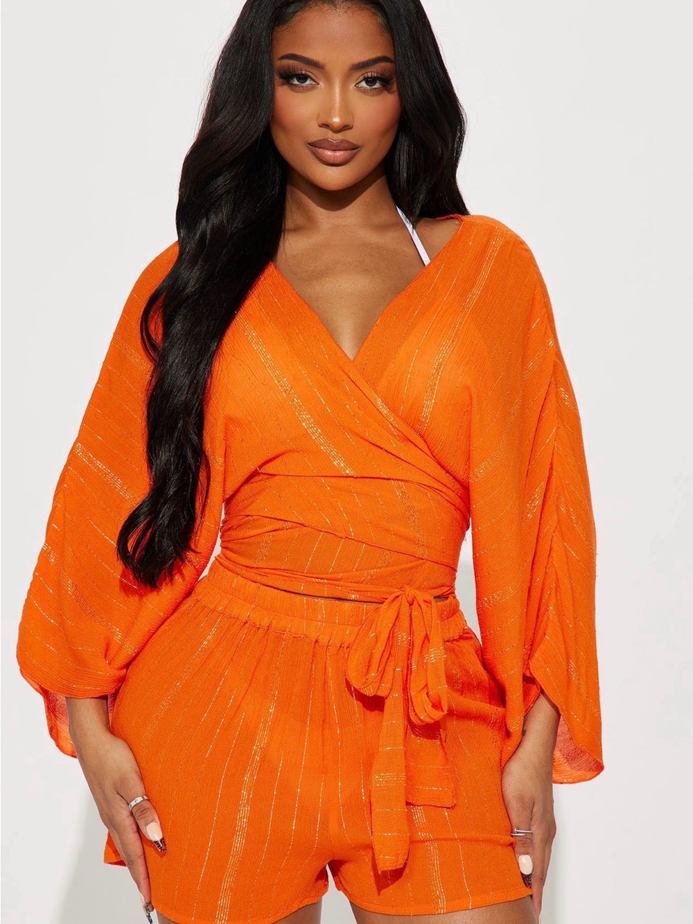 Fashion Nova Two Piece Orange Wrap Top and Shorts - Picture 2 of 3